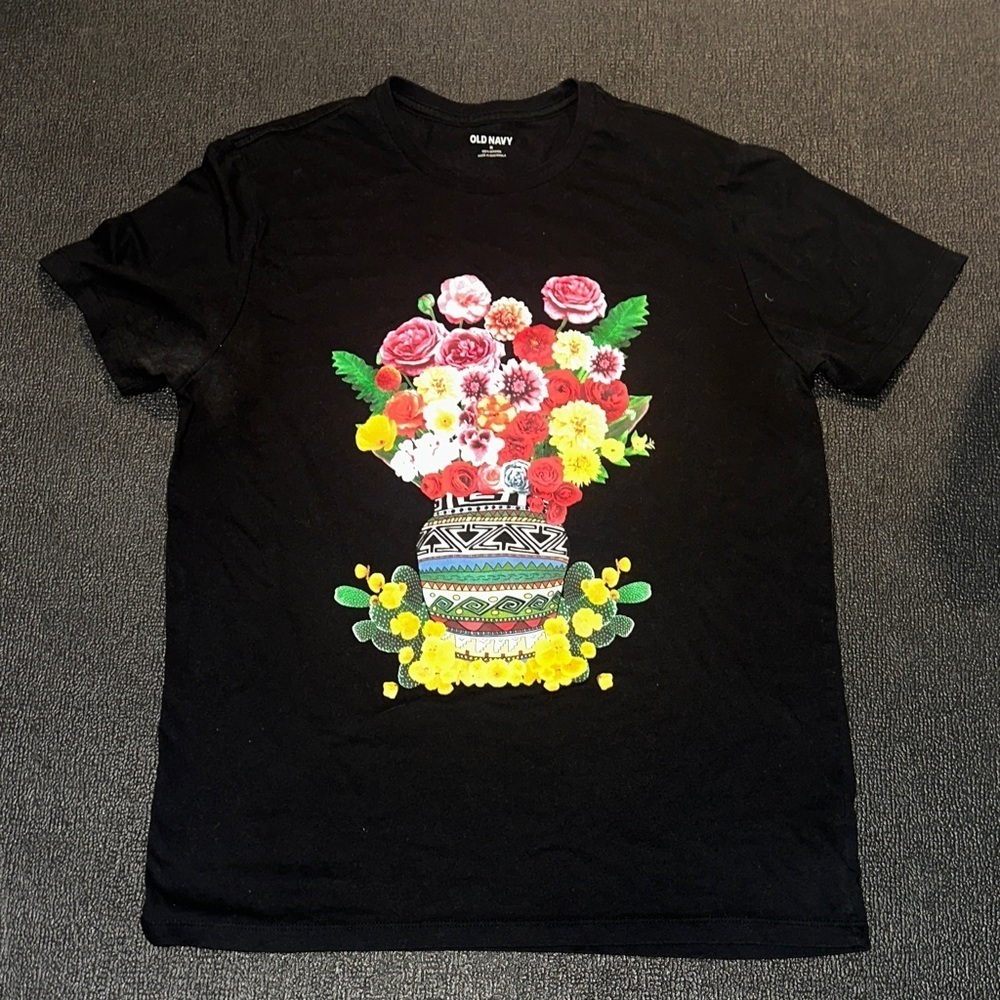 Old Navy Black Tee with Colorful Floral Design